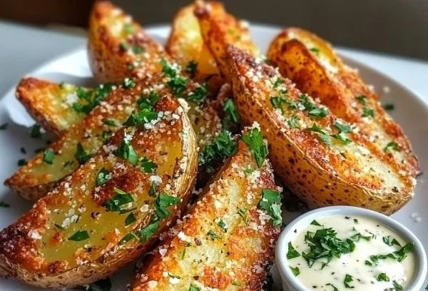 Crispy garlic parmesan potato wedges served with dipping sauce