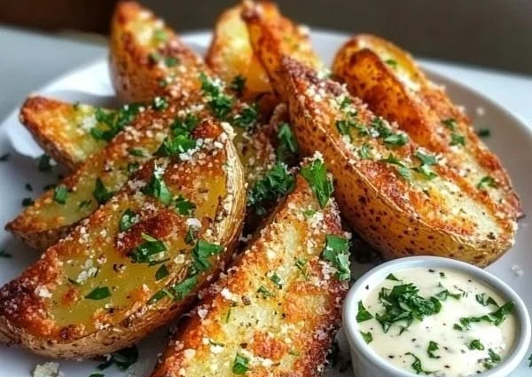 Crispy garlic parmesan potato wedges served with dipping sauce