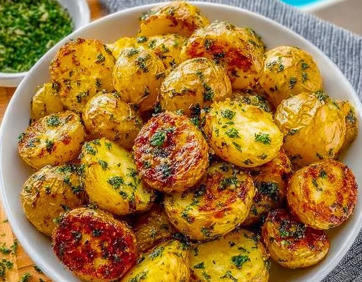 Crispy oven roasted baby potatoes served in a bowl
