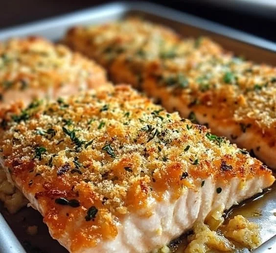 Delicious Crispy Parmesan Salmon Bake served with lemon and herbs