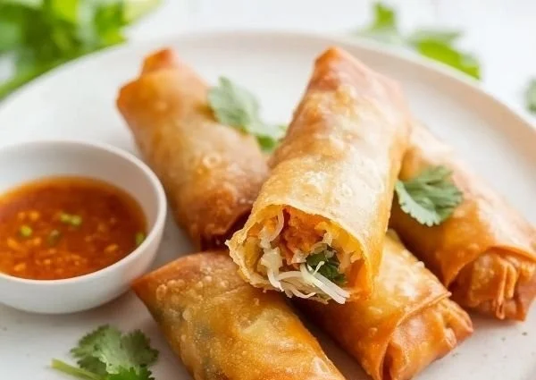 Delicious crispy seafood egg rolls served on a plate with dipping sauce