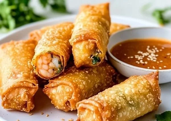 Crispy seafood egg rolls served with dipping sauce on a plate