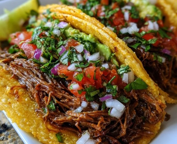 Crispy shredded beef tacos served with fresh toppings and lime