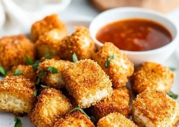 Crispy tofu nuggets served with dipping sauce on a plate