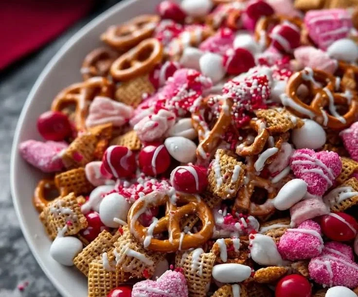 15-minute Valentine's Day Crunch Snack Mix recipe with various crunchy ingredients.