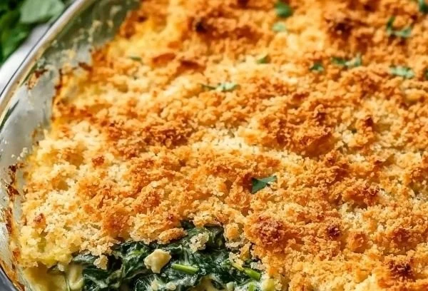 Crunchy Spinach Casserole baked dish with crispy topping
