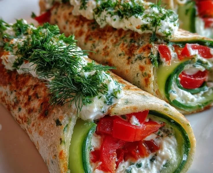 Cucumber Cottage Cheese Wraps on a plate, healthy snack idea