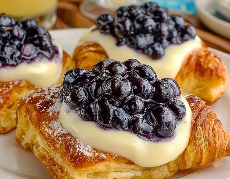 Decadent blueberry cream cheese danish with a golden crust and fresh blueberries.