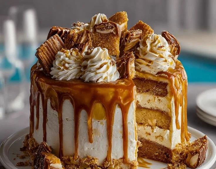 Decadent caramel cake topped with a rich caramel glaze and sprinkles