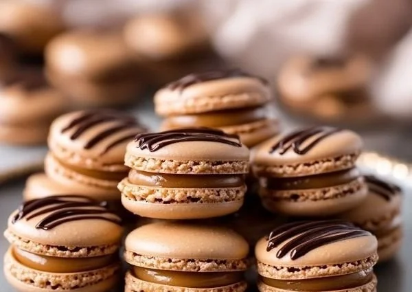 Decadent chocolate caramel macarons beautifully arranged on a plate.