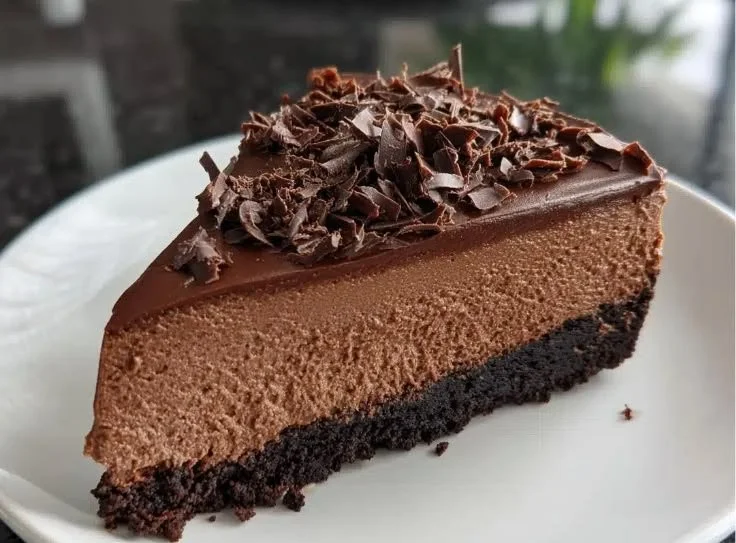 Slice of decadent chocolate cheesecake topped with chocolate shavings on a plate.
