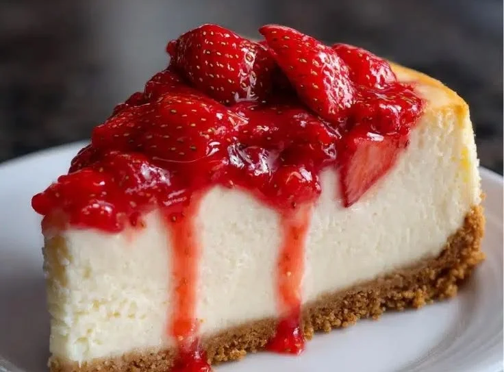 A slice of decadent strawberry cheesecake topped with fresh strawberries