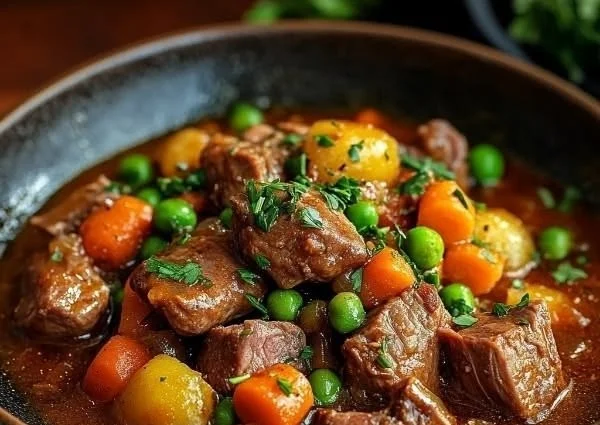 Bowl of Gordon Ramsay's delicious Irish lamb stew filled with vegetables