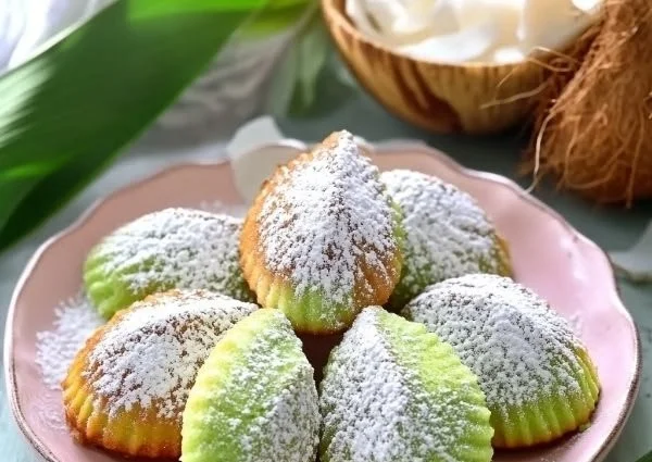 Freshly baked pandan coconut madeleines on a cooling rack