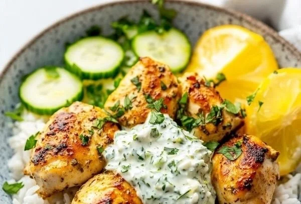 Dump-and-Bake Chicken Tzatziki served with rice in a bowl