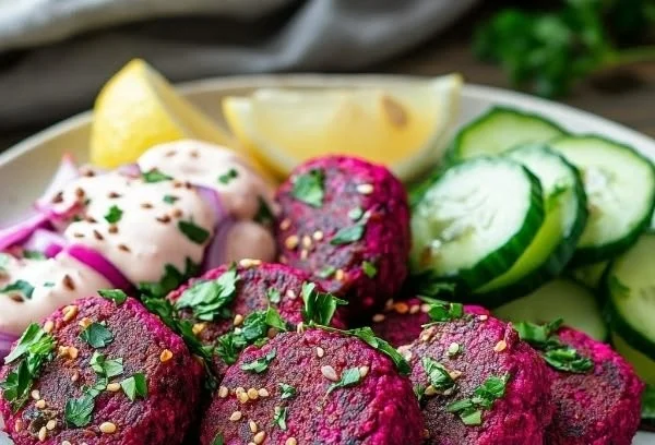 Easy beet falafel served with fresh salad and dipping sauce