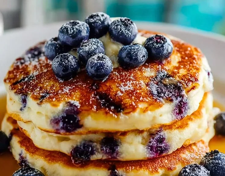 Delicious easy blueberry pancakes on a plate topped with fresh blueberries and syrup