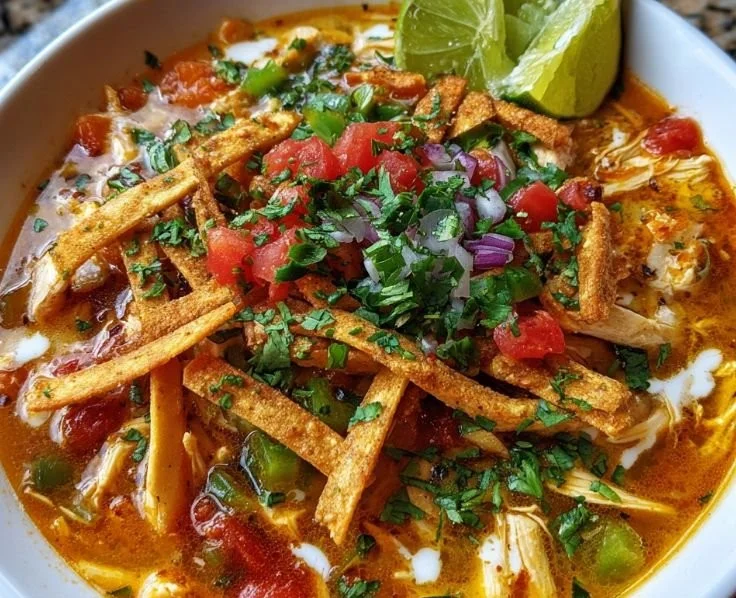 Bowl of easy chicken tortilla soup garnished with cilantro and tortilla strips