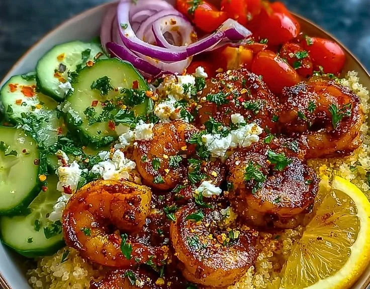 A vibrant Mediterranean shrimp bowl with fresh vegetables and herbs