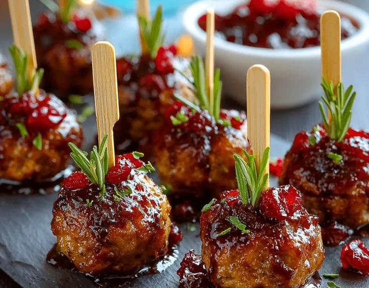 Easy mini meatball skewers served on a wooden platter.