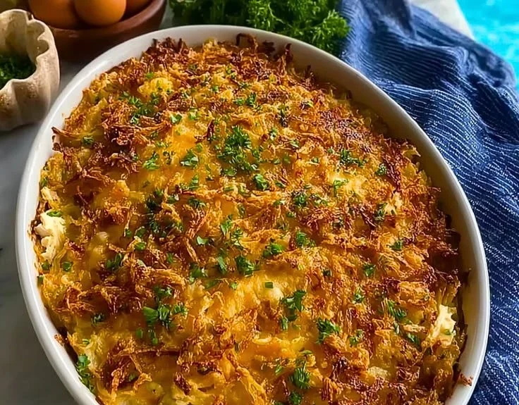 Easy Rotisserie Chicken Hash Brown Casserole served in a baking dish