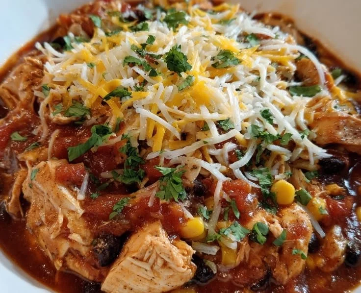 Delicious salsa chicken made in a crock pot for easy cooking