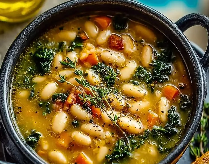 Bowl of Easy Tuscan White Bean Soup garnished with herbs
