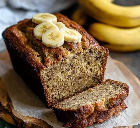 Eggless banana bread fresh out of the oven, golden brown and fluffy.