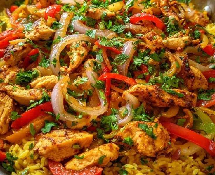 Fajita chicken served over rice with colorful bell peppers and spices