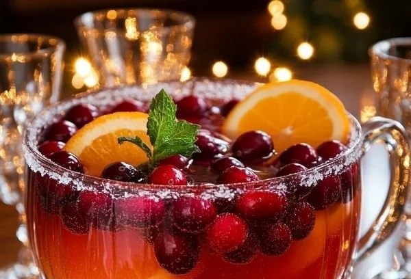 Festive & Flavorful Frost Christmas Punch in a glass with festive decorations