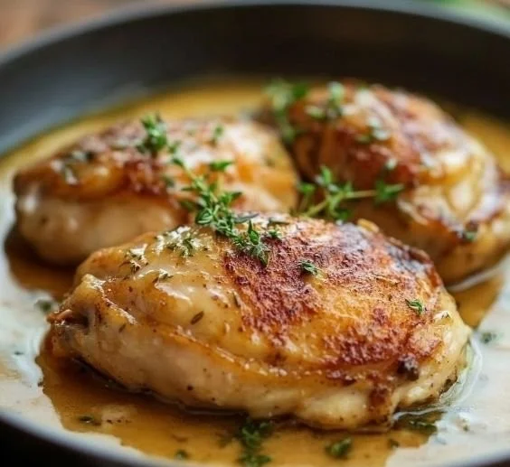 French mustard chicken dish served with a side of vegetables