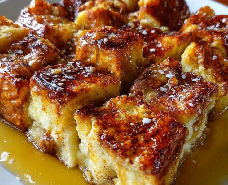 Delicious French toast bake casserole topped with syrup and berries