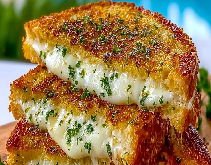 Delicious garlic bread grilled cheese sandwich topped with gooey cheese