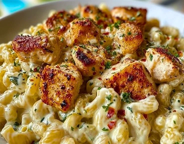 Delicious Garlic Chicken Bites served with creamy Cajun Spinach Artichoke Alfredo Pasta