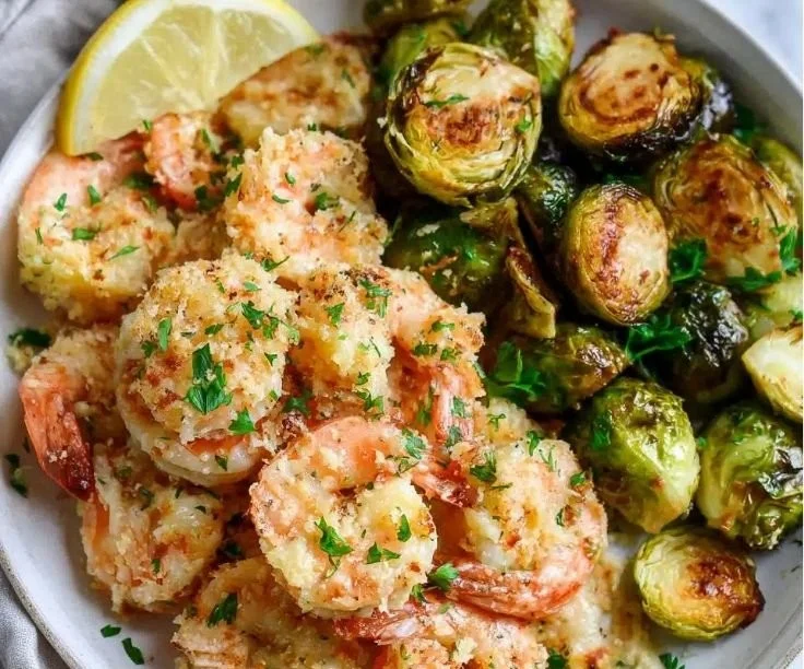 Garlic Parmesan Baked Shrimp served with Brussels Sprouts on a plate