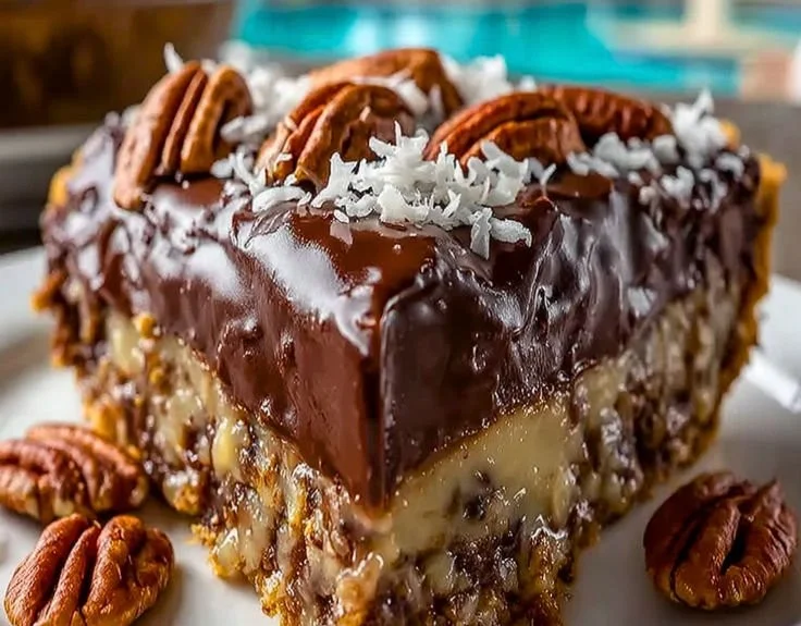 Delicious homemade German Chocolate Pie with chocolate, pecans, and coconut.