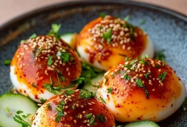 Delicious Gochujang Eggs served on a plate, showcasing spicy and creamy textures.