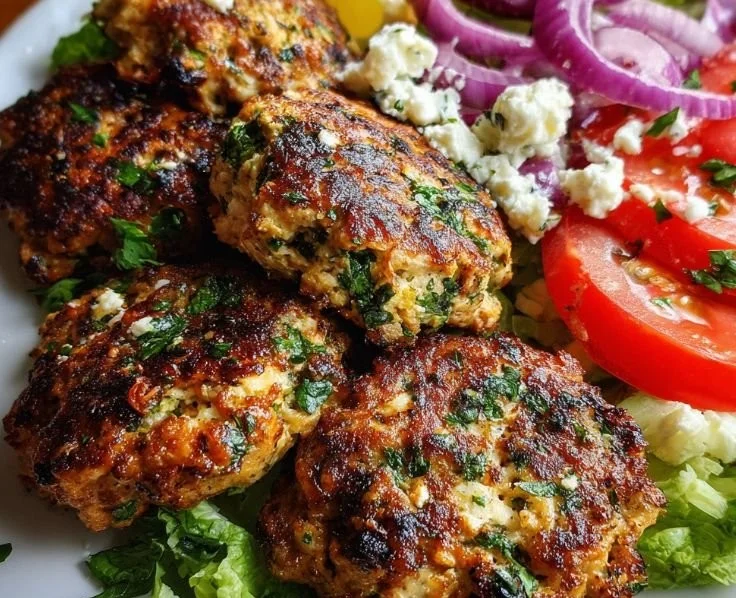 Greek Chicken Burgers with herbs and feta on a serving plate