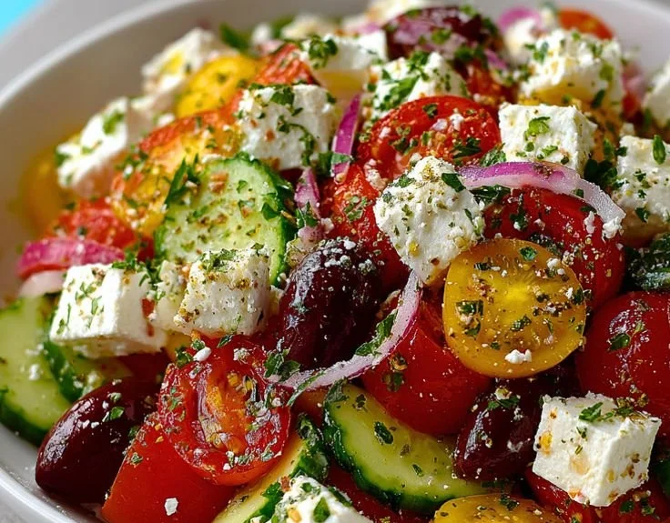 Colorful Greek Cottage Cheese Salad with vegetables and herbs in a bowl