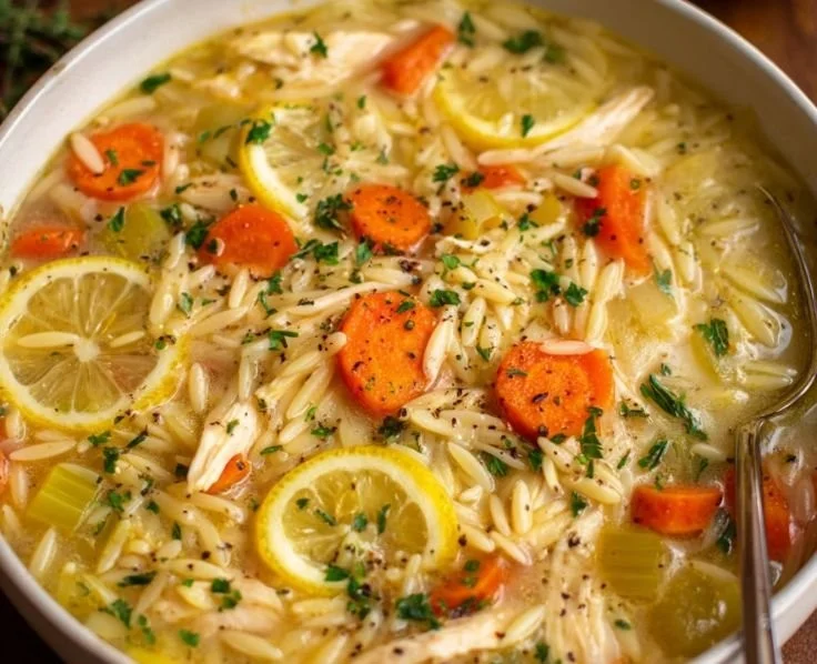 Bowl of Greek Lemon Chicken Orzo Soup garnished with fresh herbs.