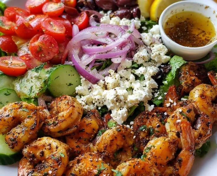 Delicious Greek shrimp Mediterranean bowl with vibrant vegetables and quinoa.