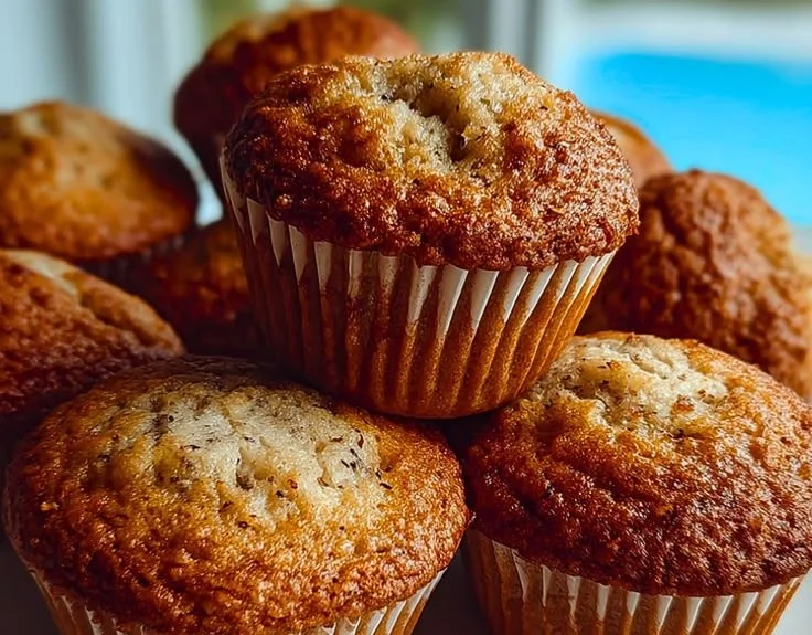 Homemade Greek Yogurt Banana Muffins on a wooden table