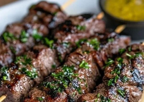 Grilled beef skewers basted in bone marrow fat on a barbecue grill.