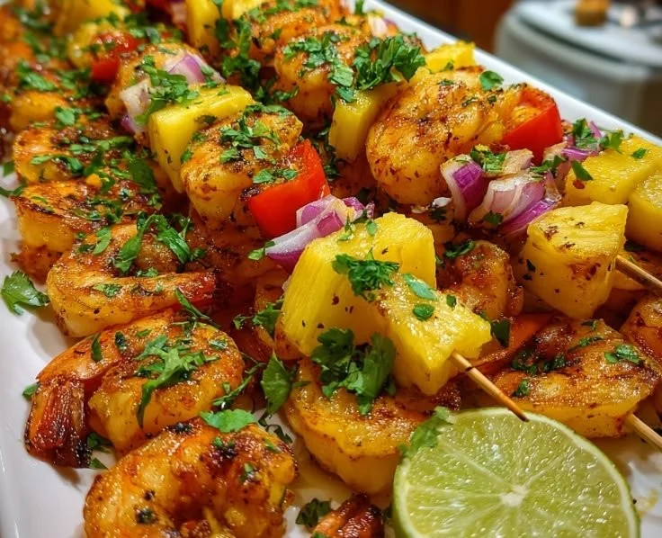 Grilled shrimp pineapple skewers ready to be served at a summer BBQ.