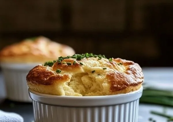 Freshly baked Gruyère and chive soufflé served in a dish