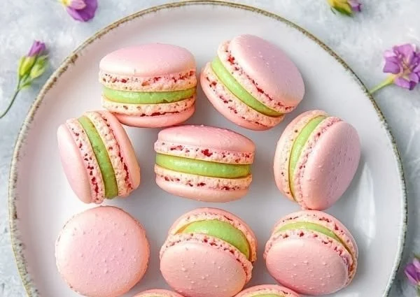 Guava macarons with creamy guava buttercream filling on a decorative plate.