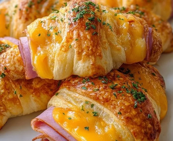 Ham and Cheddar Crescent Roll-Ups baked to golden perfection.