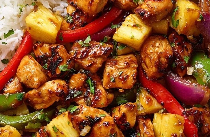 Hawaiian Chicken Sheet Pan with colorful vegetables and grilled chicken