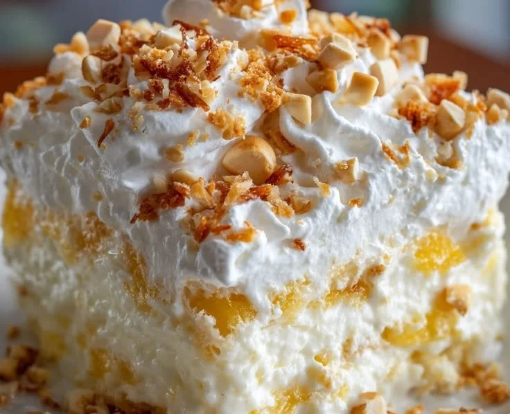 Hawaiian Pineapple Coconut Fluff dessert bowl with tropical fruits