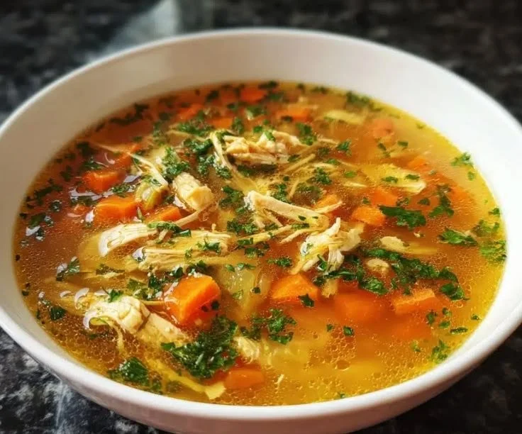Bowl of homemade chicken broth soup garnished with herbs and vegetables.